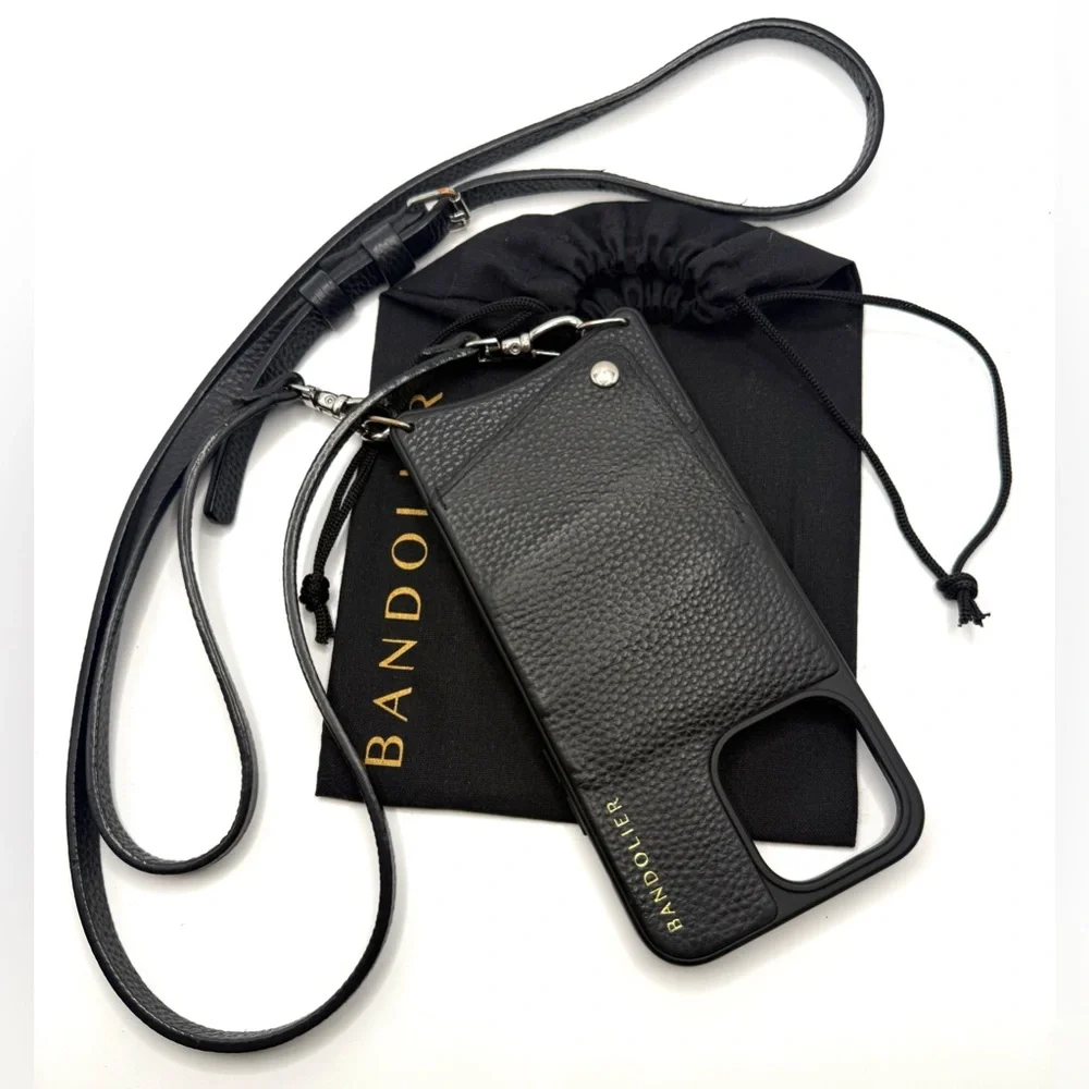 Bandolier Black Pebbled Leather Phone Crossbody with Card Pocket